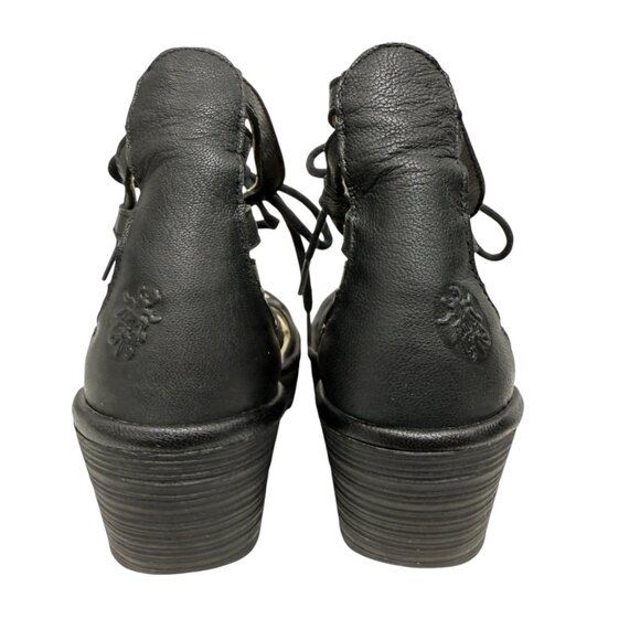 Fly London Yuke Sandal Wedge Heel Strappy Lace up Black Leather EU 38 US 7.5-8 - Picture 4 of 11